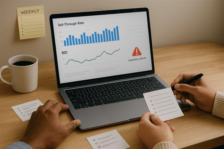 Weekly sell-through rate and ROI review on a laptop with inventory alerts