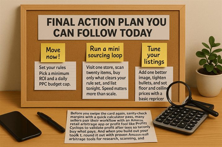 Final action plan board: set your rules, run a mini sourcing loop, tune your listings