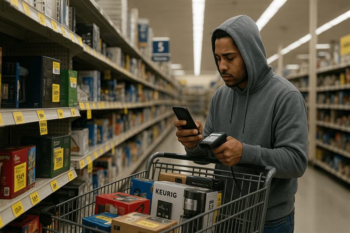Seller scanning a clearance item with a barcode scanner in a retail store aisle