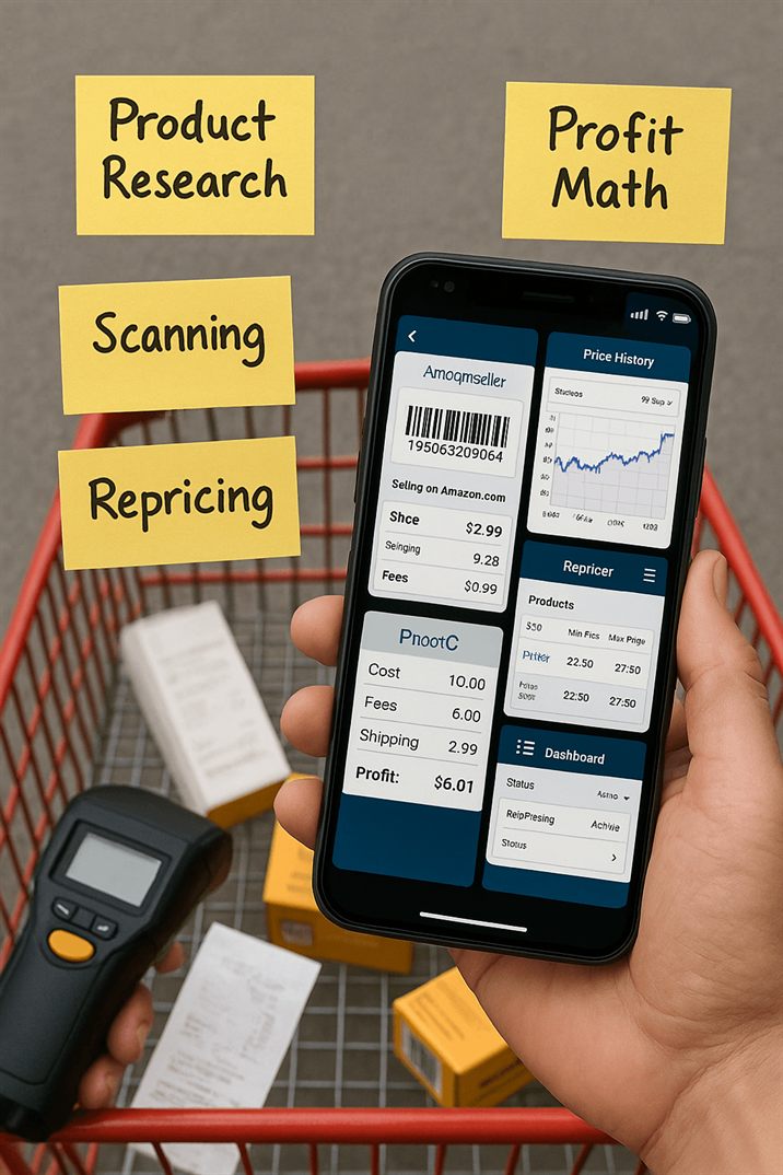 Product research, scanning, repricing and profit math shown on a phone in a shopping cart