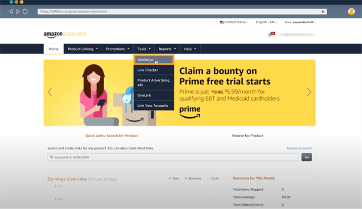Amazon Associates dashboard with the SiteStripe option open under the Tools menu