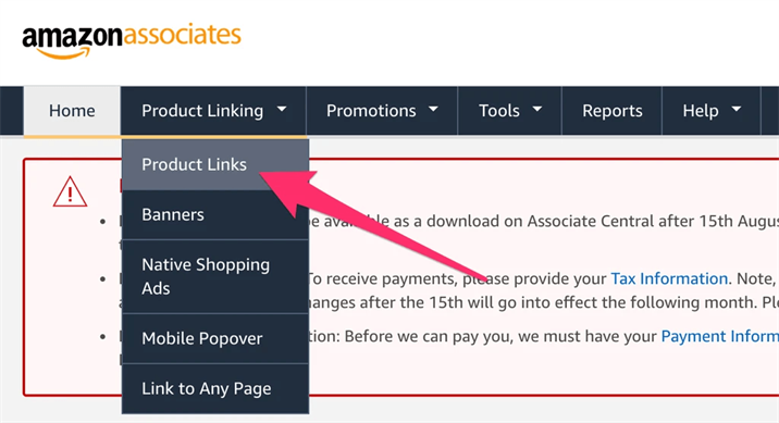 Amazon Associates menu showing Product Linking and the Product Links option